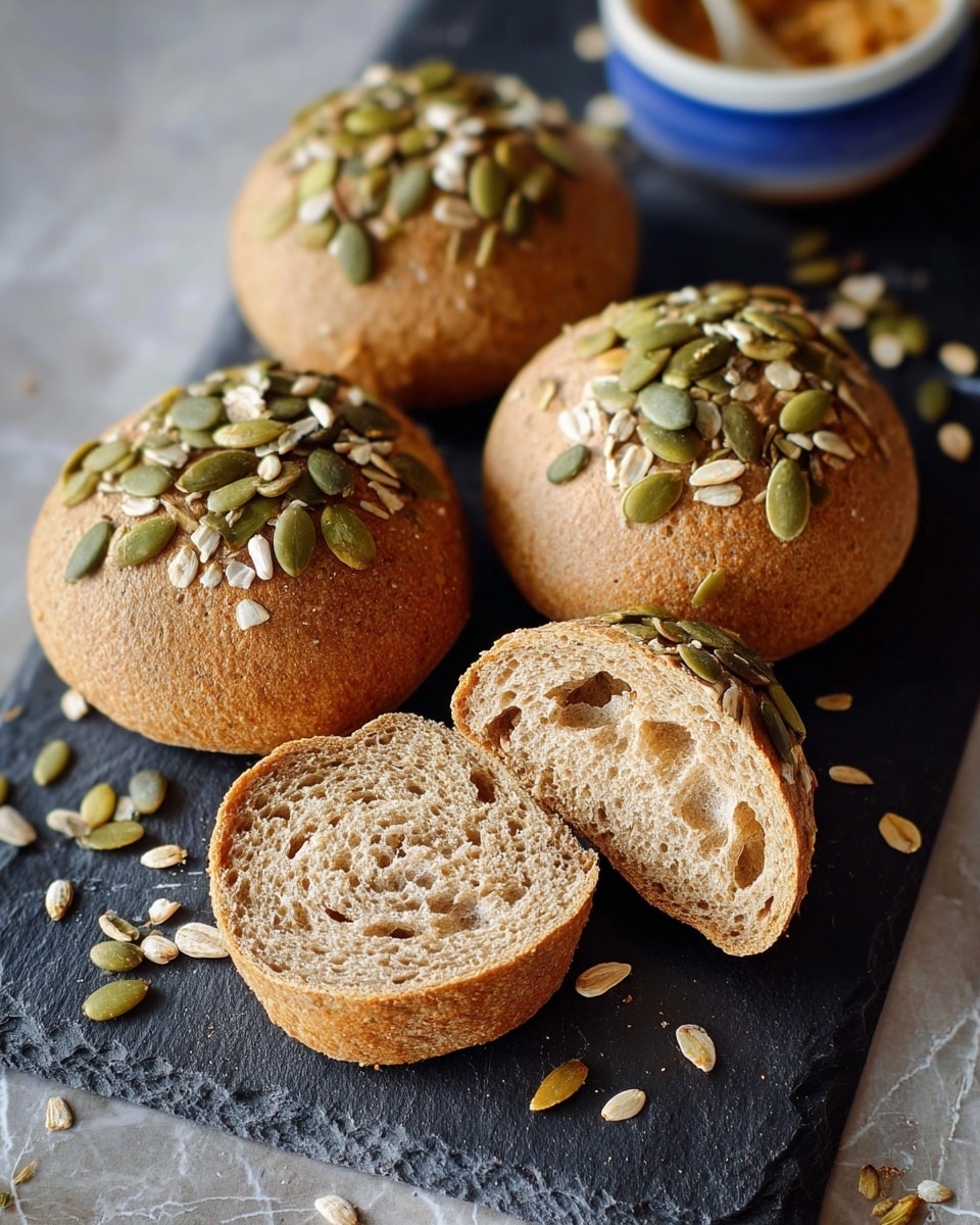 Four small round brown bread rolls topped with a mix of green pumpkin seeds and light beige sunflower seeds are placed on a dark slate board. One roll is cut in half horizontally, showing a soft, airy, and light brown inner texture with small air holes. The bread surface is smooth with a slightly cracked crust. Scattered seeds fall on the black board and the surrounding white marbled surface. In the background, there is a small white bowl with a blue interior containing a spread or dip. photo taken with an iphone --ar 4:5 --v 7