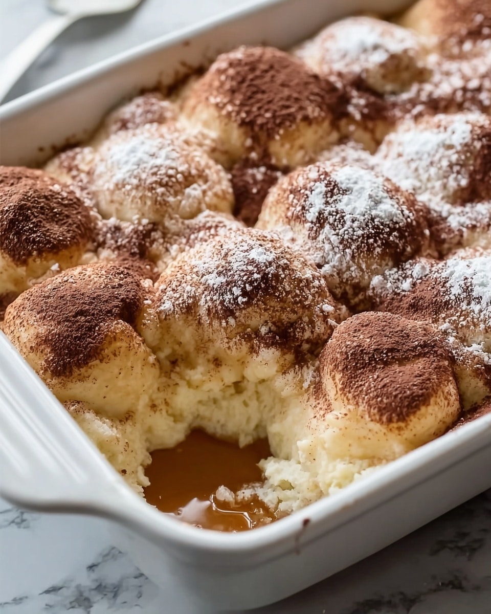 The image shows a white ceramic baking dish filled with soft, light golden dough balls that have puffed up, each topped unevenly with a dusting of dark brown cocoa powder and white powdered sugar. The dough balls sit closely together in the dish, creating a textured, bumpy surface. A section in the front right corner has been scooped out, revealing the moist and fluffy inside of the dough and a pool of light brown syrupy liquid beneath it. The baking dish is placed on a white marbled surface. photo taken with an iphone --ar 4:5 --v 7