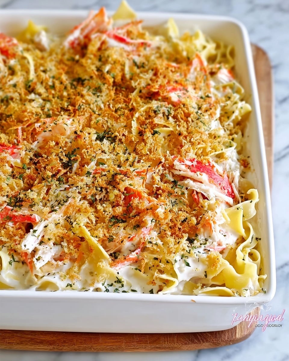A white rectangular baking dish filled with a baked pasta casserole showing visible layers. The bottom layer consists of light yellow egg noodles. The next layer is creamy white sauce mixed with small wedges of red and white crab meat. On top, there is a golden brown, crunchy breadcrumb topping with scattered herbs, creating a textured crust. The dish sits on a white marbled surface with a wooden edge visible. Photo taken with an iphone --ar 4:5 --v 7