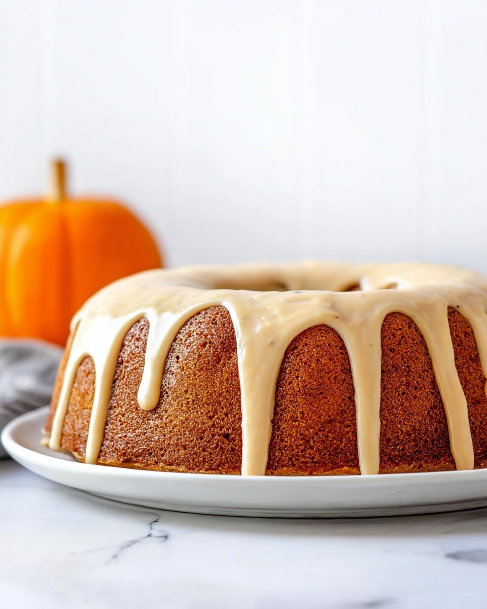A single-layer round bundt cake with a deep golden-brown color is shown on a white plate, sitting on a white marbled surface. The cake is topped with a smooth, pale beige glaze that drips down the sides unevenly, creating thick drips that reach nearly halfway down. In the background, a small orange pumpkin is slightly out of focus against a bright, clean white wall. The cake has a textured, porous surface from baking. photo taken with an iphone --ar 4:5 --v 7