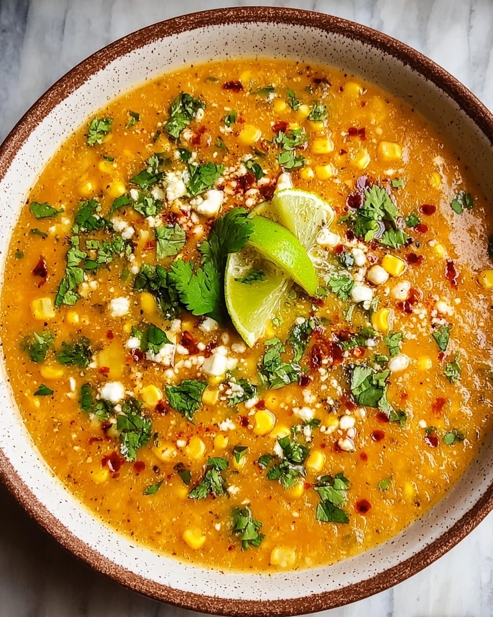 A white bowl with a speckled brown rim is filled with a thick, orange-yellow soup that has visible kernels of bright yellow corn throughout. The soup is topped with small white crumbles of cheese, finely chopped fresh green cilantro leaves scattered on top, and a light sprinkle of red chili flakes. Two lime wedges rest near the center, adding a pop of bright green color. The bowl is placed on a white marbled surface, highlighting the warm colors of the soup. photo taken with an iphone --ar 4:5 --v 7