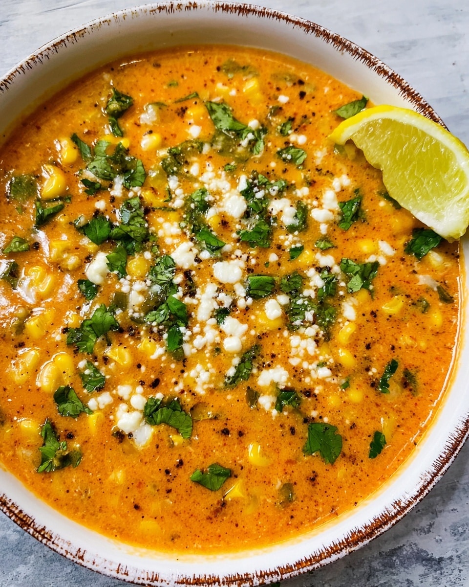 A bowl filled with a thick, creamy orange soup with visible pieces of corn and green herbs mixed throughout. The soup is topped with sprinkled white cheese crumbles and chopped cilantro leaves, adding green and white colors against the orange base. A lemon wedge rests on the edge of the white bowl with a worn brown rim pattern. The bowl sits on a white marbled texture surface. photo taken with an iphone --ar 4:5 --v 7