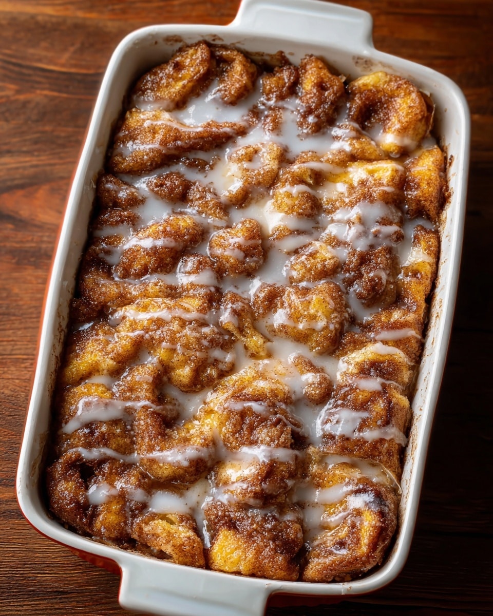 The image shows a baked dessert in a white rectangular dish with two handles, placed on a wooden surface. The dessert has multiple uneven layers of golden brown bread or cake pieces soaked in syrup and cinnamon, creating a textured top with darker brown swirls of cinnamon sugar throughout. A glossy white glaze or icing is drizzled unevenly across the entire surface, adding a shiny and sticky appearance. The dish is filled almost to the top, and the rich syrup makes the layers look moist and soft. photo taken with an iphone --ar 4:5 --v 7