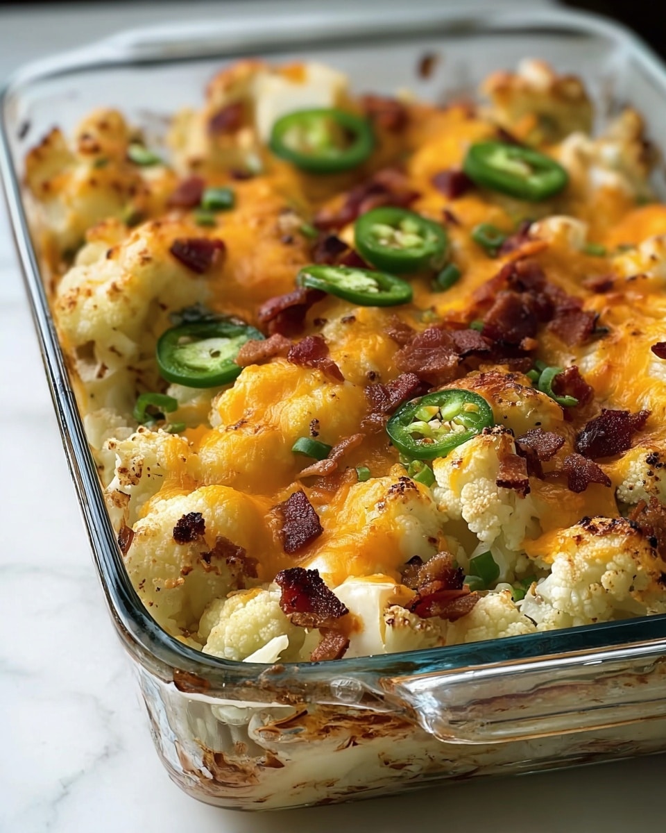 A glass baking dish filled with a layered baked cauliflower casserole is shown close up. The bottom and main layer is white cauliflower florets with some browned and roasted spots. On top, there is a bright orange melted cheese layer that covers the cauliflower. Scattered on the cheesy layer are small pieces of crispy browned bacon and slices of fresh green jalapeño peppers. The edges of the dish show some browned bits from baking. The dish is placed on a white marbled surface. photo taken with an iphone --ar 4:5 --v 7