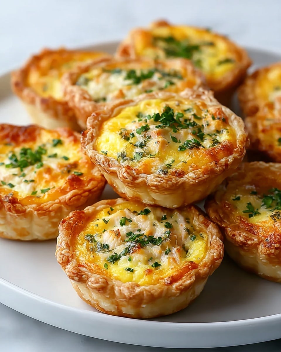 The image shows several small savory tarts arranged on a white plate with a white marbled surface below. Each tart has three visible layers: a flaky, golden-brown crust on the outside with a slightly crumpled texture, a bright yellow egg filling in the middle that looks creamy and smooth, and small pieces of white chicken mixed with herbs like chopped green parsley scattered on top and inside. The tarts have slightly raised edges that hold the filling, and the top looks lightly browned with bits of melted cheese and herbs. Photo taken with an iphone --ar 4:5 --v 7