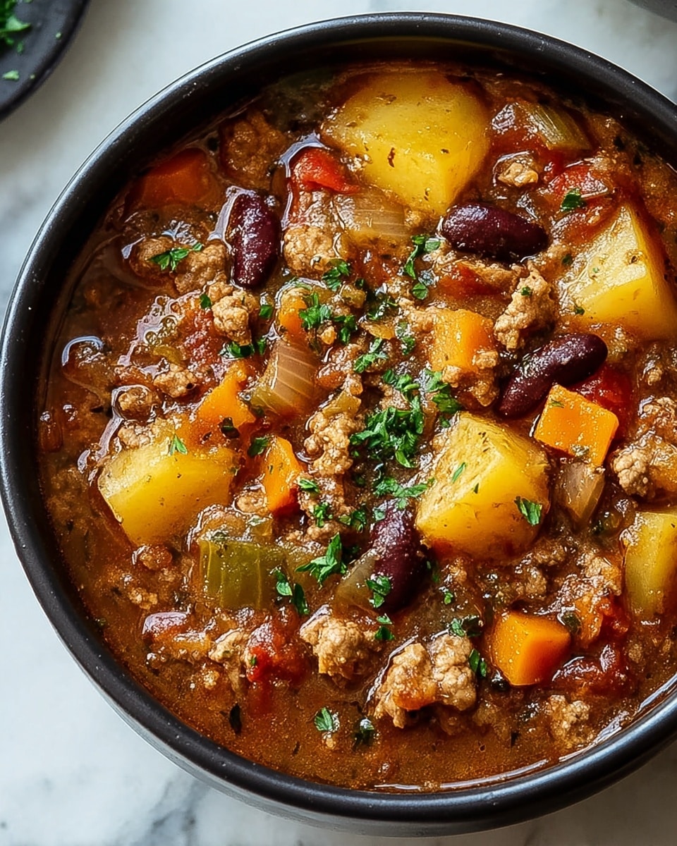 A close-up view of a bowl filled with thick chili, showing three main layers: a chunky base of rich, dark reddish-brown tomato sauce, a middle layer of mixed vegetables including yellow and orange bell peppers, celery, and kidney beans, and a top layer dotted with browned ground meat and fresh green chopped herbs scattered all over. The bowl is white with a black rim, set on a white marbled textured surface. A silver spoon rests inside the bowl on the left side, partially visible. photo taken with an iphone --ar 4:5 --v 7