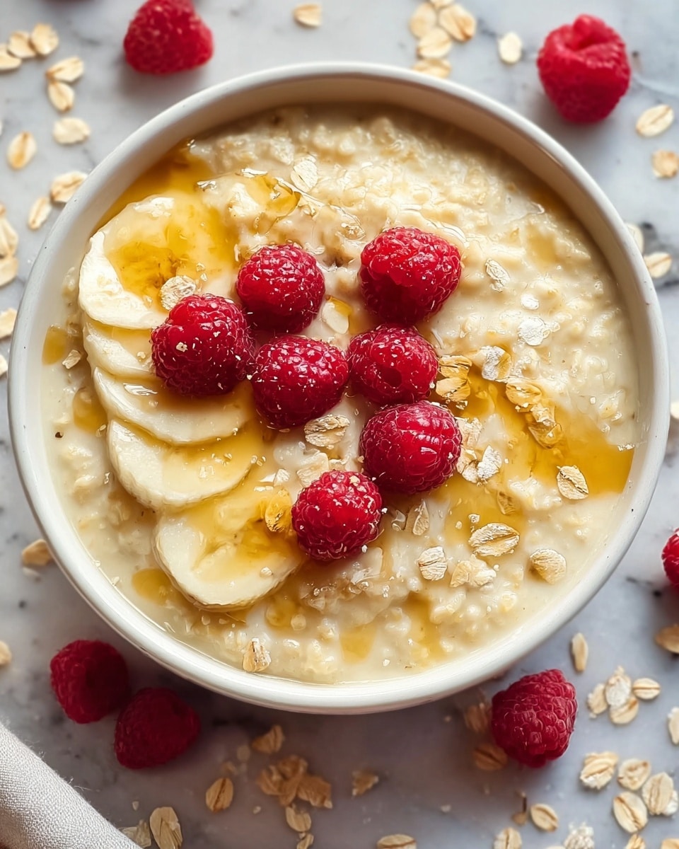 A white bowl filled with creamy pale yellow oatmeal as the base layer, topped with soft slices of light yellow banana scattered across the surface. On top of the banana slices, there are bright red raspberries evenly placed, along with light beige oat flakes sprinkled around. The whole dish is drizzled with shiny golden honey, adding a smooth and glossy texture. The bowl is resting on a white marbled surface, with a few scattered raspberries and oat flakes around it. Photo taken with an iphone --ar 4:5 --v 7