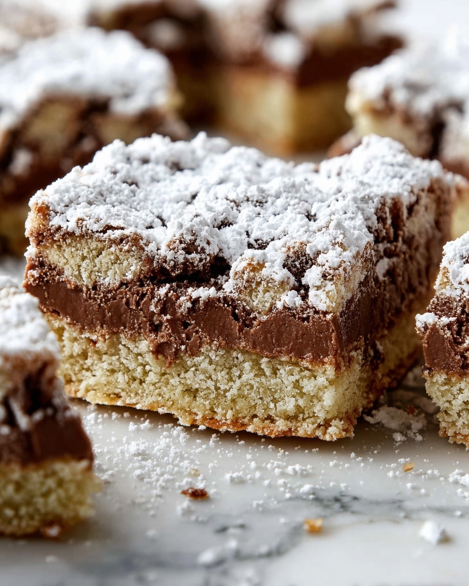 The image shows a stack of three square dessert bars arranged vertically, each bar revealing a layered texture with a mix of light brown crispy cereal pieces and a smooth, darker brown chocolate layer. The top of the bars is dusted with a light layer of white powdered sugar. The texture looks crumbly but moist, with visible oat-like cereal clusters embedded in the chocolate. The background is a white marbled surface with some crumbs scattered around the base of the stack. Photo taken with an iphone --ar 4:5 --v 7