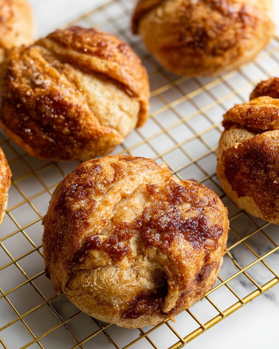 The image shows several round pastries with a golden brown crust, resting on a gold cooling rack placed on a white marbled surface. Each pastry has a slight shine from sugar or glaze sprinkled on top, giving a textured look with some darker caramelized spots scattered across the rough, flaky layers. The pastries have a folded shape with visible creases and a soft, doughy inside peeking through at some edges, highlighting a layered, slightly uneven surface. The overall look is warm and freshly baked, with a mix of smooth and crumbly textures. photo taken with an iphone --ar 4:5 --v 7