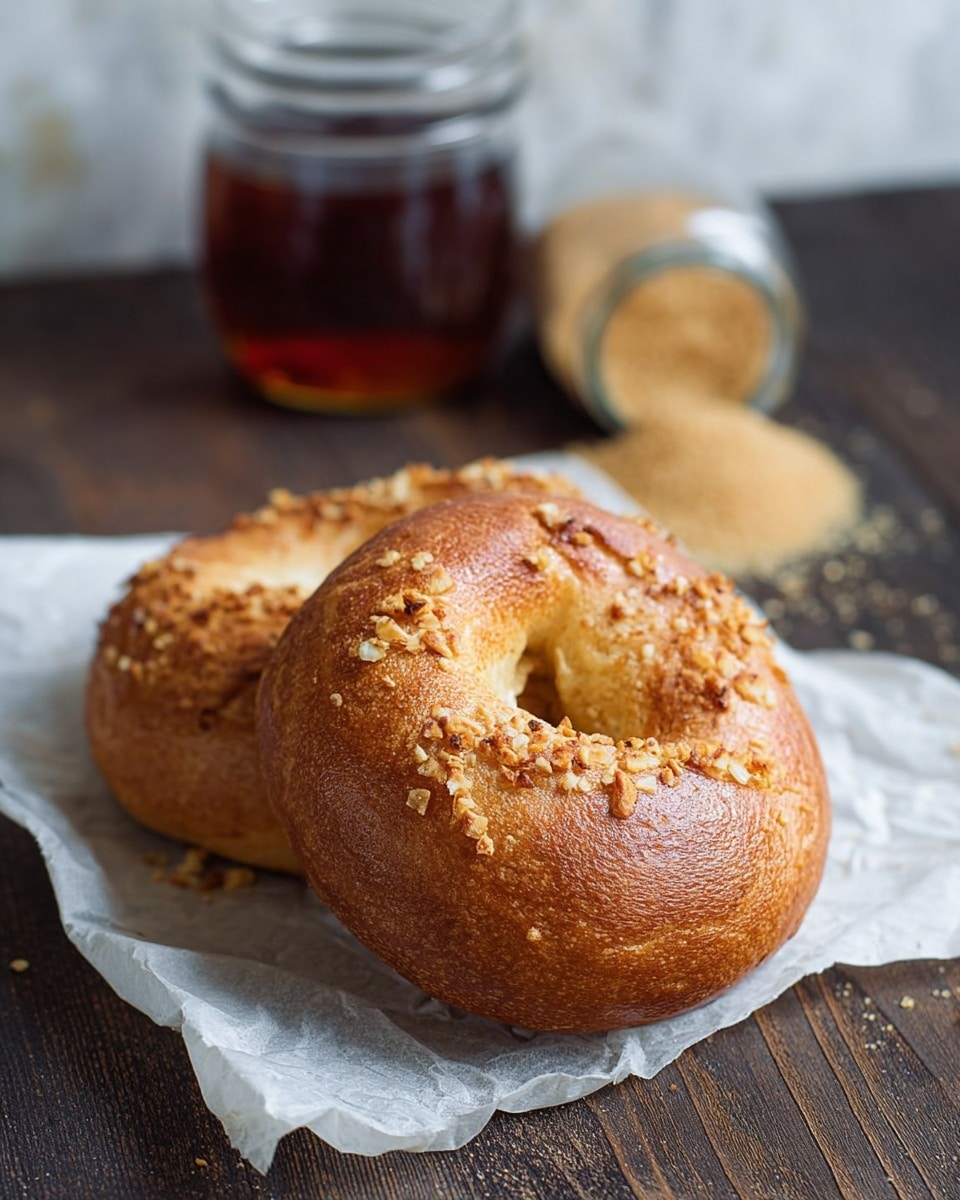 Two golden brown bagels rest on a piece of white crinkled paper on a dark wooden surface. The bagels have a slightly rough texture with small bits of baked topping scattered on their shiny crusts. Behind them, there is a clear glass jar filled with a dark amber liquid and a small glass jar tipped over, spilling light brown granulated sugar onto the wooden surface. The background is a white marbled texture. photo taken with an iphone --ar 4:5 --v 7