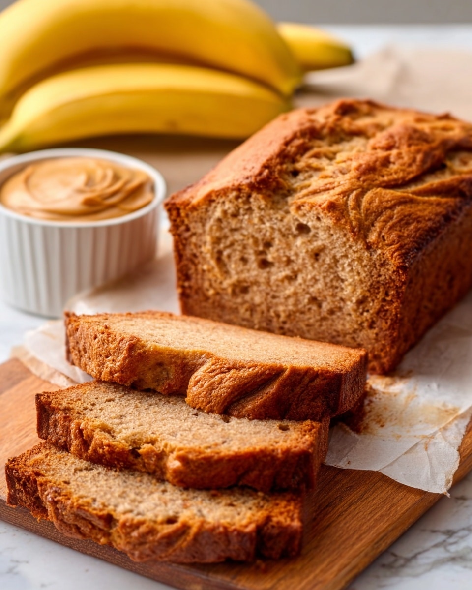 A sliced banana bread loaf is shown on a wooden board, with the loaf placed toward the back right side and three slices laid out in front. The bread has a golden brown crust with a textured, slightly cracked top that shows a rich brown swirl pattern close to the surface. The inside of the bread is soft and light brown with visible air pockets, showing a moist texture. In the background, a bunch of yellow bananas and a white bowl filled with peanut butter are placed on a white marbled surface, softly blurred to keep focus on the bread. The warm lighting highlights the bread’s texture and color. Photo taken with an iphone --ar 4:5 --v 7