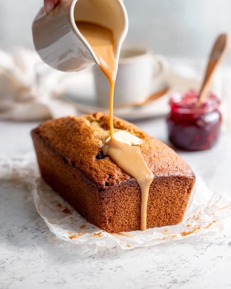 A loaf cake with a golden brown crust sits on white parchment paper on a white marbled surface. The cake has a crack down the middle and a small dollop of melting butter on top near the crack. A woman’s hand pours a smooth, light caramel-colored sauce from a small white pitcher over the butter and cake, with the sauce cascading down the side. In the background, there are soft blurred shapes of a white cup, a wooden spoon, and a jar of red jam. The overall light is bright and natural, showing the moist texture of the cake and sauce clearly. photo taken with an iphone --ar 4:5 --v 7