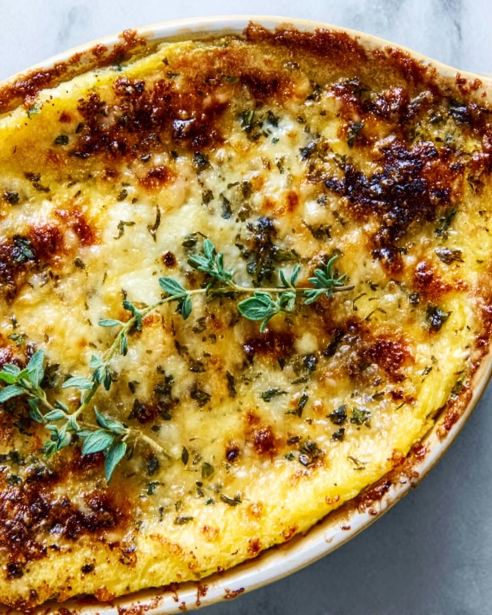 The image shows a close-up of an oval white dish filled with a baked casserole topped with golden brown melted cheese mixed with herbs and small green leaves of fresh thyme. The surface is bubbly and slightly crispy in some parts, with a creamy yellow layer visible just beneath the browned top. The edges of the dish show a soft, thick crust of the same baked mixture. The background is a white marbled texture, adding a clean and bright contrast to the warm colors of the casserole. Photo taken with an iphone --ar 4:5 --v 7