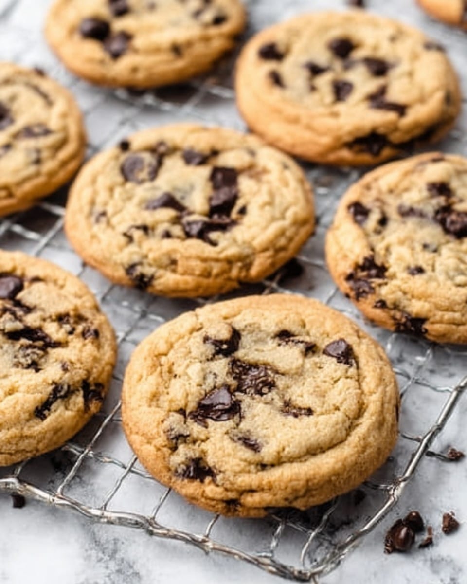The image shows several round chocolate chip cookies on a silver cooling rack. Each cookie has a golden-brown color with visible dark chocolate chips spread across the surface, creating a textured look. The cookies have slightly cracked tops, showing a soft inside with crisp edges. The background is a white marbled surface, giving a clean and bright feel to the image. Photo taken with an iphone --ar 4:5 --v 7