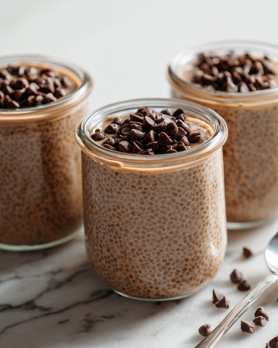 Three small clear glass jars are filled with a smooth, light brown pudding-like layer topped with a generous amount of dark brown chocolate chips. Each jar shows the pudding layer evenly filling almost to the top, with the chocolate chips scattered thickly on the surface. The jars sit on a white marbled surface with some chocolate chips scattered around them and a silver spoon to the right. The texture of the pudding appears creamy and slightly glossy. Photo taken with an iphone --ar 4:5 --v 7