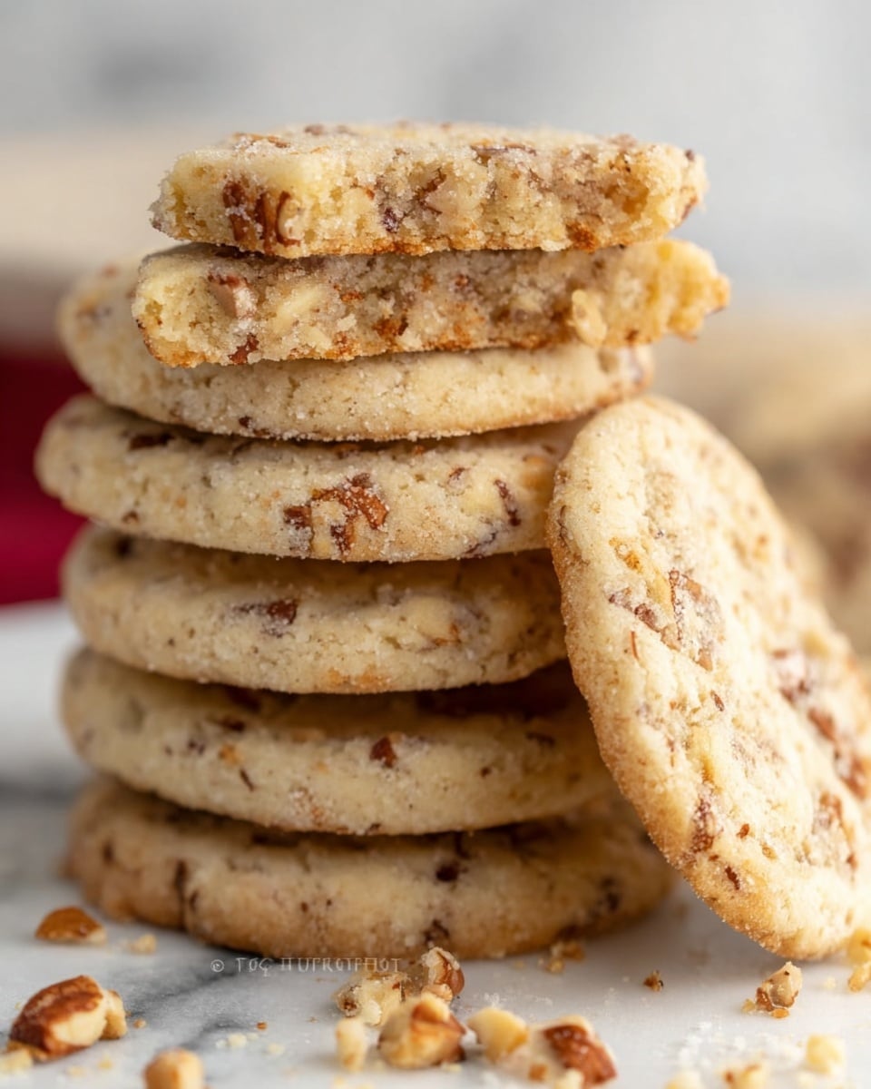 A stack of six round cookies sits on a white marbled surface, each cookie light tan in color with small, unevenly spread brown nut chunks throughout. The top cookie is broken in half, showing a soft, chewy texture inside with more nuts visible. One whole cookie leans against the stack on the right side, showing a slightly rough and crumbly surface. Small pieces of broken nuts and crumbs are scattered around the base of the cookies. Photo taken with an iphone --ar 4:5 --v 7