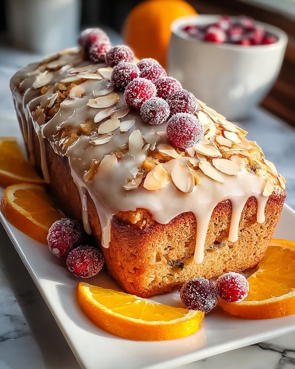 A rectangular loaf cake with a golden brown top, covered with a light drizzle of white icing and a darker honey-colored syrup that gently drips down the sides. The top is decorated with thin, off-white almond slices, pale oats scattered evenly, and several bright red cranberries coated in a fine layer of frost or sugar. Around the base of the cake on a white rectangular plate are vivid orange slices, adding a fresh pop of color. The background shows a white marbled surface with soft natural light coming from the side, highlighting the textures of the cake. Photo taken with an iphone --ar 4:5 --v 7