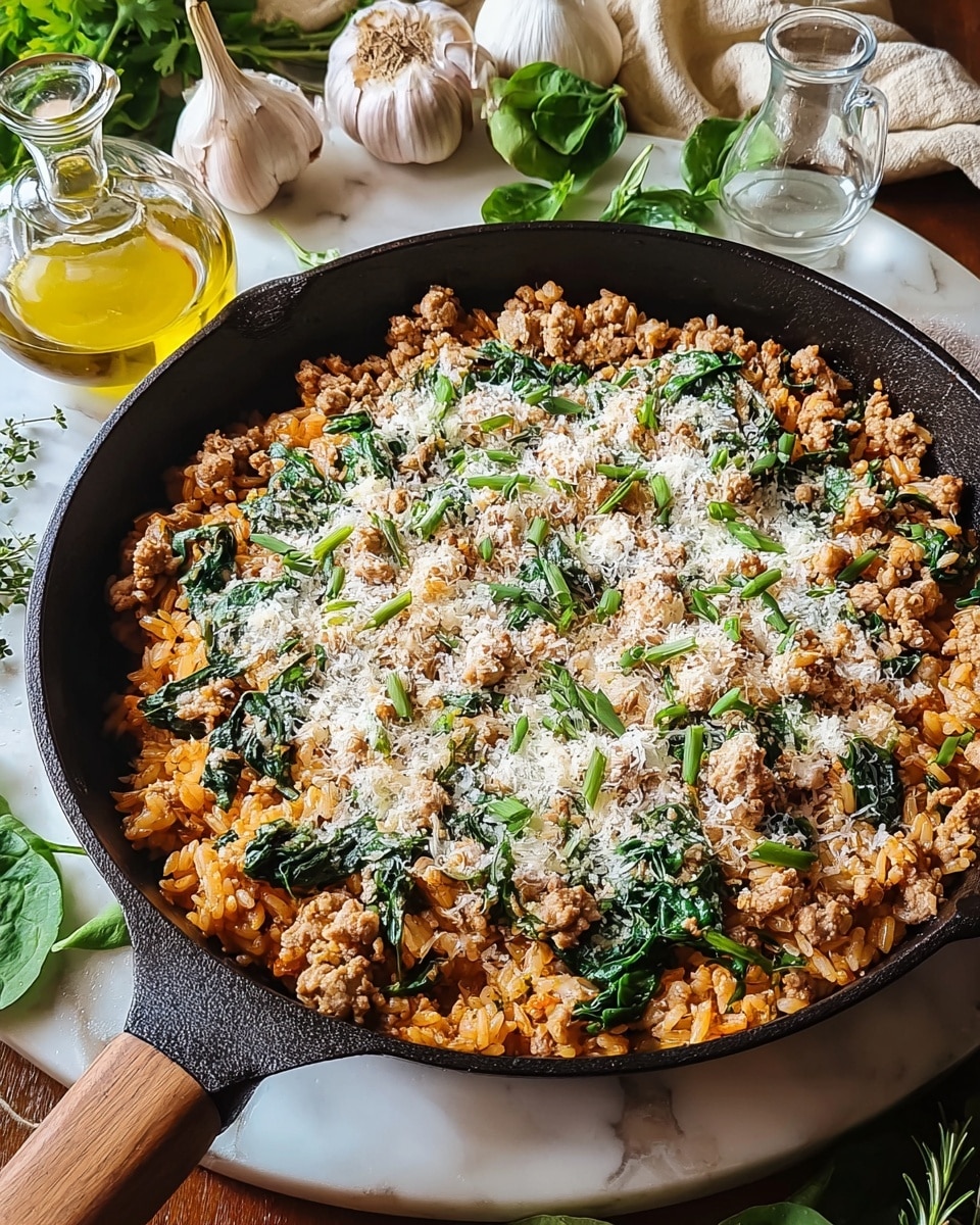 The dish is served in a black cast iron pan filled with a layered mixture. The base layer is a creamy rice with soft orange carrot slices scattered throughout. Mixed into the rice are wilted dark green spinach leaves and crumbled browned sausage pieces. On top, there are thin white cheese shavings and small fresh green herb sprigs sprinkled evenly. The pan is on a white marbled surface with a blurred background holding garlic bulbs, olive oil bottles, and fresh herbs. photo taken with an iphone --ar 4:5 --v 7