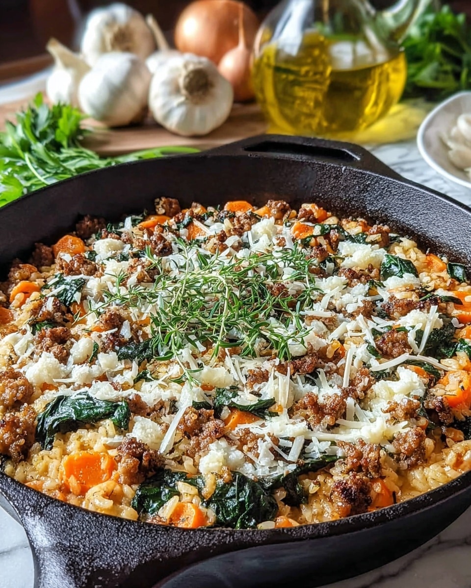 The dish is served in a black cast iron skillet with a wooden handle, placed on a white marbled surface. The food inside has three main layers: the bottom layer is made of cooked orange-brown rice mixed with green spinach leaves scattered around; the middle layer consists of crumbled cooked meat in light brown color evenly spread throughout; the top layer is sprinkled with finely grated white cheese and small green herb pieces, giving a fresh look. The skillet is surrounded by garlic bulbs, a small glass bottle of olive oil, and some fresh green herbs, creating a rustic and cozy atmosphere. photo taken with an iphone --ar 4:5 --v 7