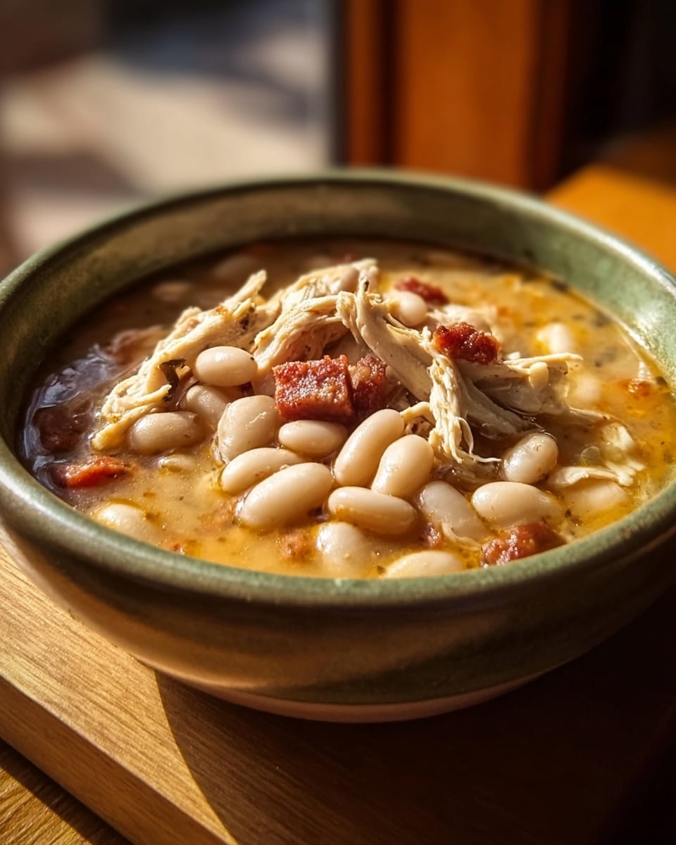 A white bowl filled with a thick soup showing three main layers: creamy light orange broth at the base, a middle layer of tender white beans spread evenly, and a top layer with shredded chicken pieces mixed with small bits of red seasoning and black specks of pepper, all sitting on a white marbled surface. The chicken looks juicy and slightly browned, and the soup appears hot and comforting. photo taken with an iphone --ar 4:5 --v 7