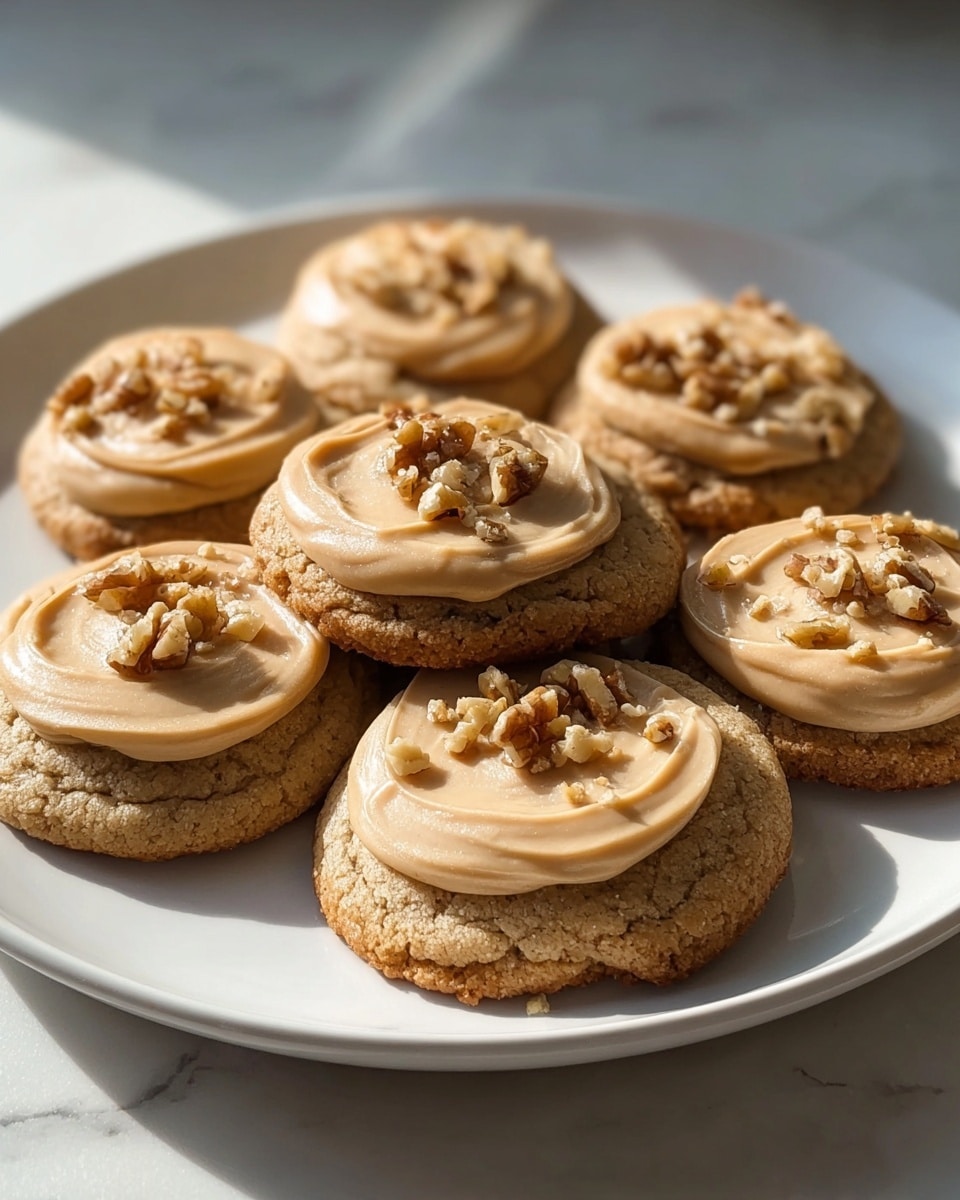 A white plate holds six soft, light brown cookies with a slightly cracked texture. Each cookie has a thick layer of smooth, light caramel-colored frosting spread in a circular shape on top. Small chopped walnut pieces are sprinkled over the frosting on each cookie. The cookies are stacked and arranged in a close cluster, catching warm sunlight that creates gentle shadows. The plate sits on a white marbled textured surface with soft natural light enhancing the colors and textures of the cookies. photo taken with an iphone --ar 4:5 --v 7