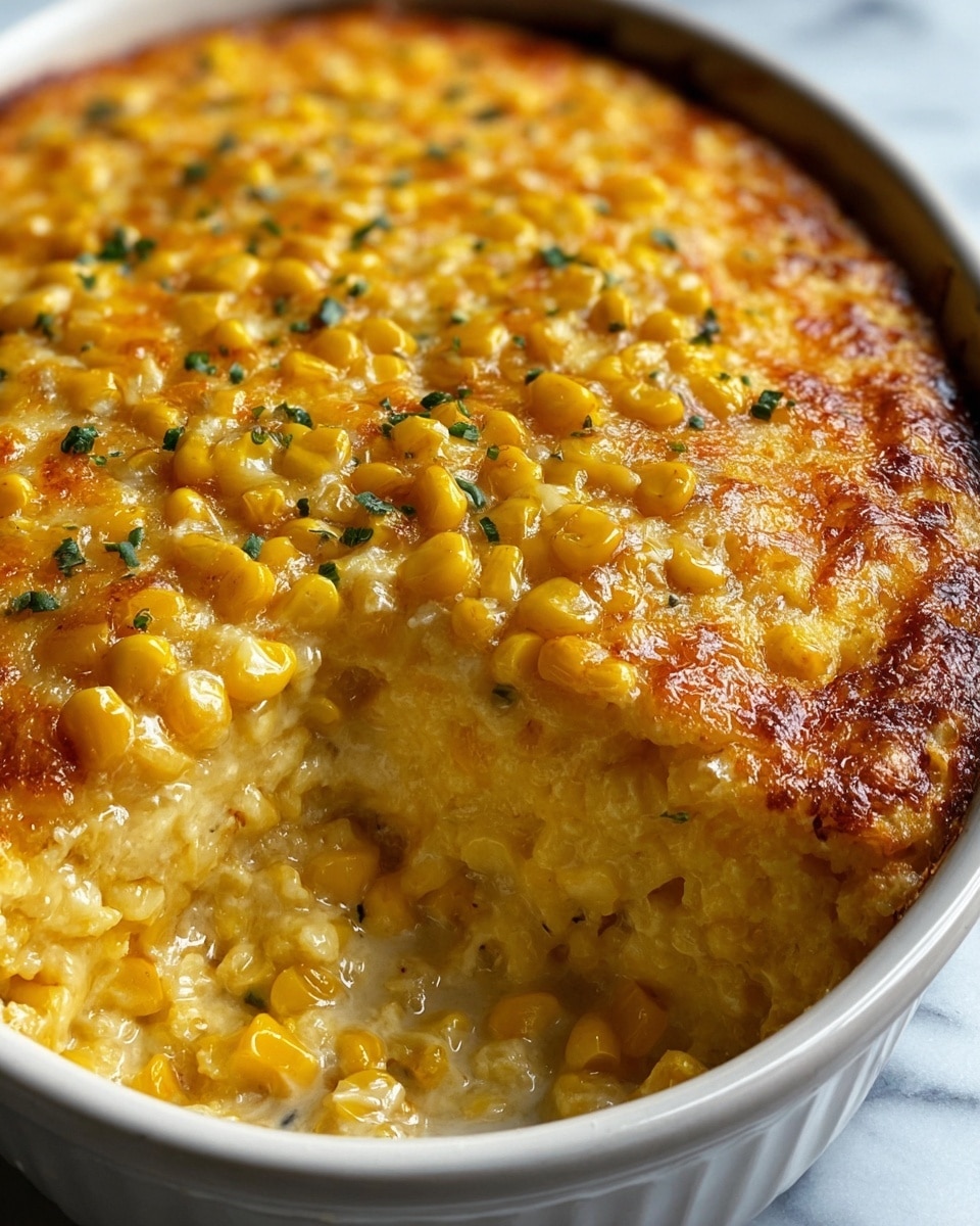 A thick, creamy corn casserole in a white oval baking dish, with a golden brown top layer made of melted cheese mixed with whole yellow corn kernels and small green herb bits scattered on top. The casserole is cut open on one side, revealing a gooey middle layer full of soft corn pieces mixed in creamy sauce, showing a dense texture with moistened cheese and corn blending together. The background is a white marbled texture. Photo taken with an iphone --ar 4:5 --v 7