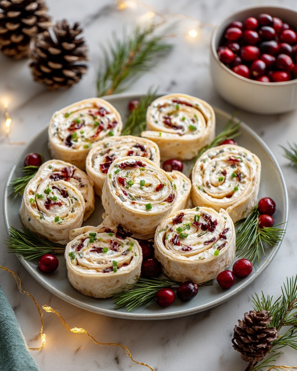 The image shows a light gray round plate on a white marbled surface, holding ten pinwheel-shaped rolls arranged in close layers. Each roll has a light tan outer layer like a tortilla or flatbread wrapped around a creamy white filling mixed with red bits of dried cranberries and small green chives sprinkled on top. Bright red whole cranberries and green pine needle sprigs are placed decoratively around the rolls on the plate. Nearby on the white marbled surface are two dark brown pine cones, a white bowl filled with fresh cranberries, and soft yellow fairy lights adding a warm touch to the scene. photo taken with an iphone --ar 4:5 --v 7