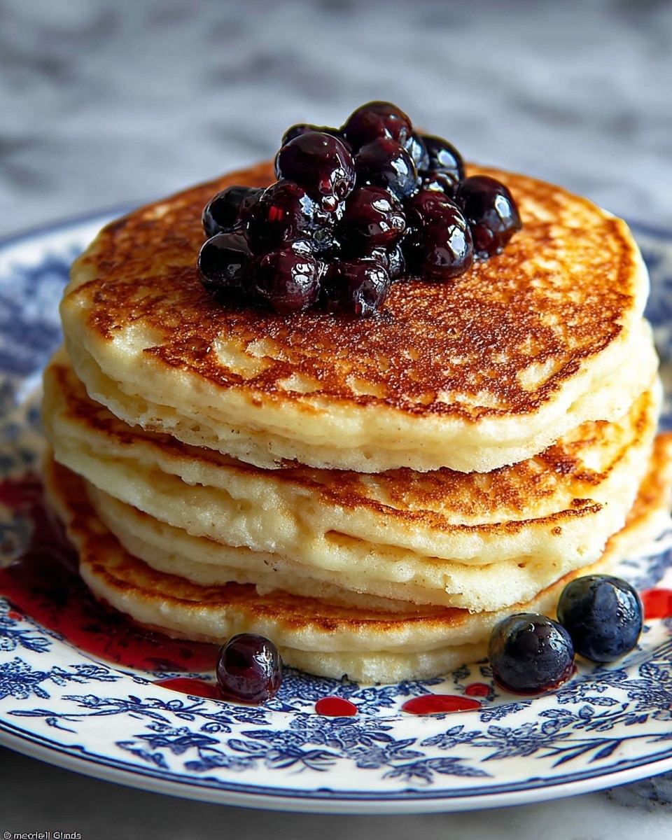 A stack of three thick golden-brown pancakes with a slightly crispy texture on top sits on a white plate with blue floral patterns. The pancakes have a soft, fluffy inside with small air holes around the sides. On top of the stack is a small pile of shiny, fresh blueberries dripping with syrup. A few blueberries and red syrup drops are scattered near the base on the plate. The background is a white marbled texture with soft lighting highlighting the pancakes. photo taken with an iphone --ar 4:5 --v 7