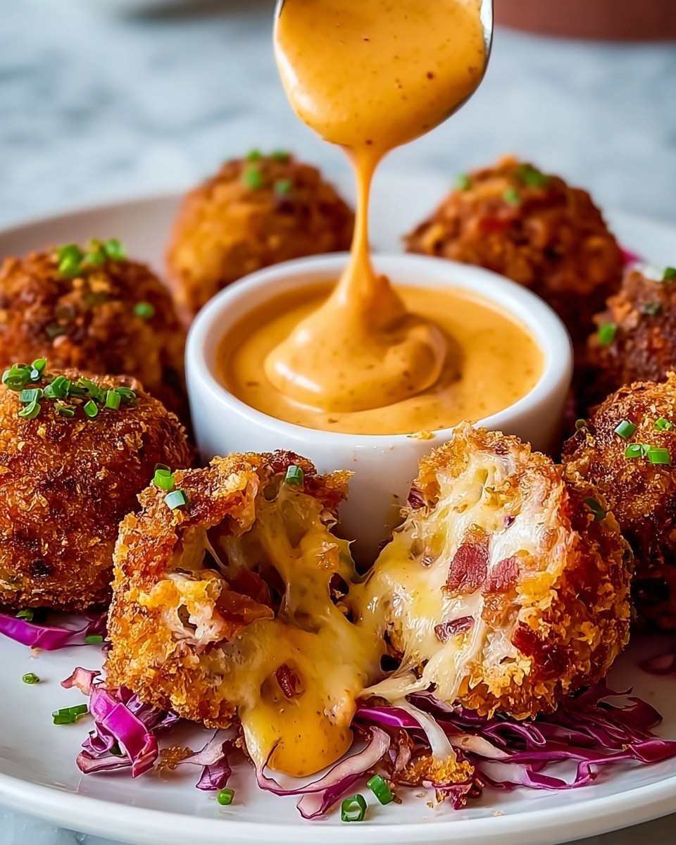 The image shows a white plate with several crispy, golden-brown fried balls arranged around a small white bowl filled with a creamy orange sauce. The fried balls have a crunchy texture and are garnished with small green chives on top. One ball is cut open, revealing gooey, melted cheese mixed with bits of reddish meat inside, with the rich orange sauce dripping down its sides onto the shredded purple and white cabbage below. Above the bowl, a spoon held by a woman's hand is dripping more sauce in a thick, smooth swirl. The background features a clean white marbled surface. photo taken with an iphone --ar 4:5 --v 7