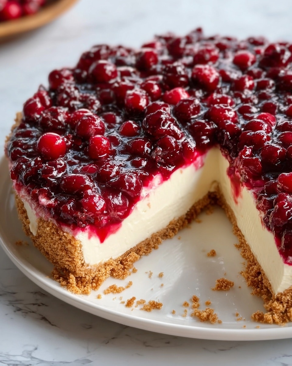A close-up of a creamy tart with three visible layers on a white plate, placed on a white marbled surface. The bottom layer is a light brown crumbly crust with a rough texture and slightly uneven edges. Above it is a thick, smooth off-white creamy layer, filling most of the tart's depth. The top layer is a glossy, deep red fruit topping made of whole and crushed cranberries, giving a shiny, bumpy texture. One slice is cut out, showing all three layers clearly, with some crumbs around the plate. Photo taken with an iphone --ar 4:5 --v 7