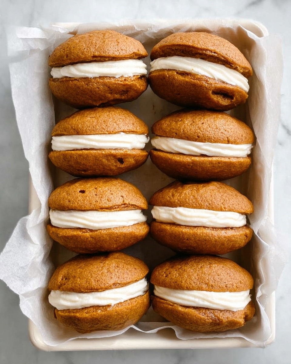 The image shows eight pumpkin whoopie pies arranged neatly in two columns and four rows inside a white tray lined with parchment paper. Each whoopie pie has two round soft brown pumpkin cake layers with a slightly rough texture, sandwiching a thick, smooth, creamy white filling in the middle. The cakes look moist and fluffy, and the creamy layer is evenly spread, slightly thicker than the cake layers, making the pies look soft and rich. The tray is placed on a white marbled surface. photo taken with an iphone --ar 4:5 --v 7