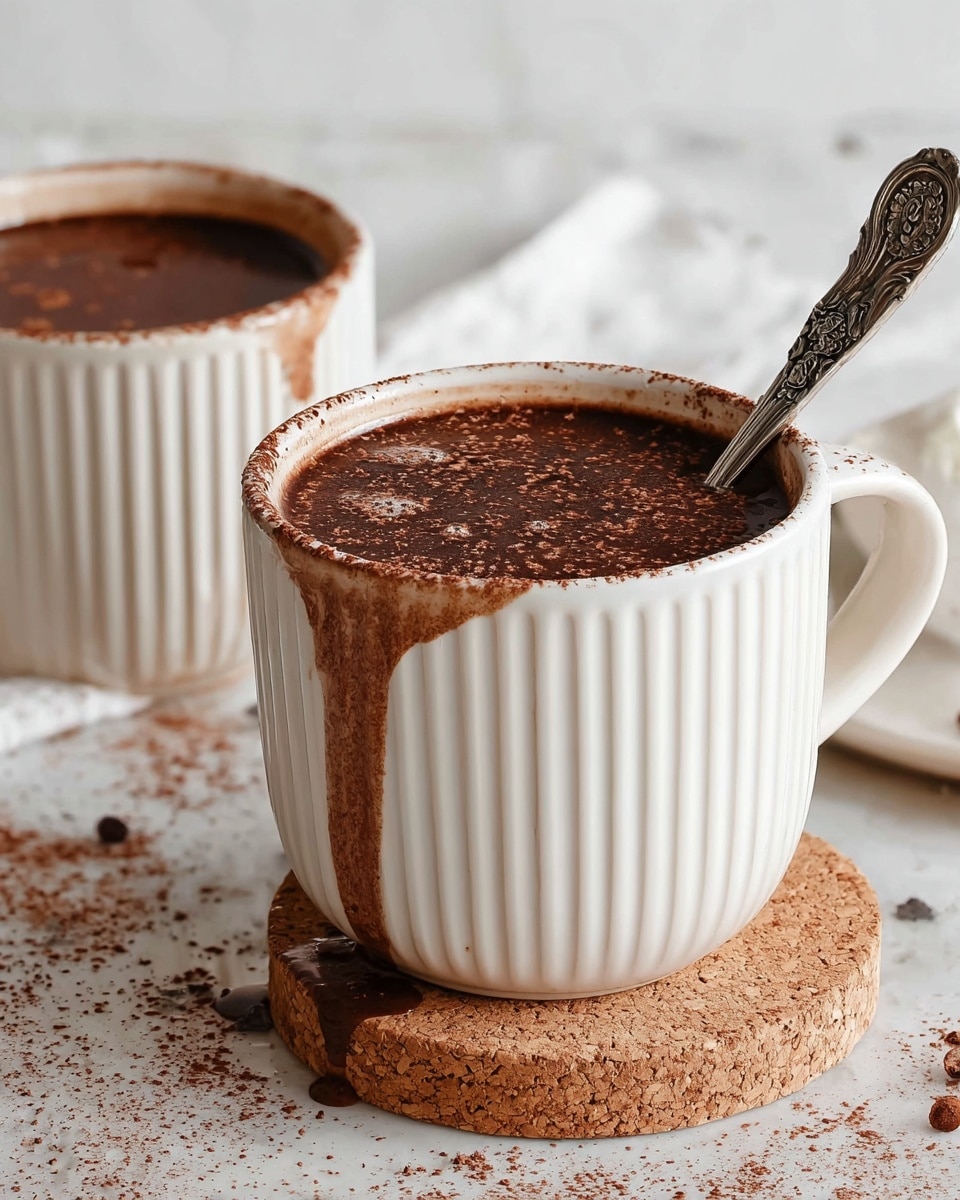 A close-up shot shows two white ribbed mugs filled with thick, dark brown hot chocolate topped with a sprinkle of cocoa powder. The hot chocolate in the front mug has spilled over the side, leaving streaks of chocolate down the side of the mug, which sits on a round cork coaster. A metal spoon with ornate designs is placed inside the front mug. The background features a white marbled texture with a light dusting of cocoa powder scattered around, giving a cozy and warm feel. Photo taken with an iphone --ar 4:5 --v 7