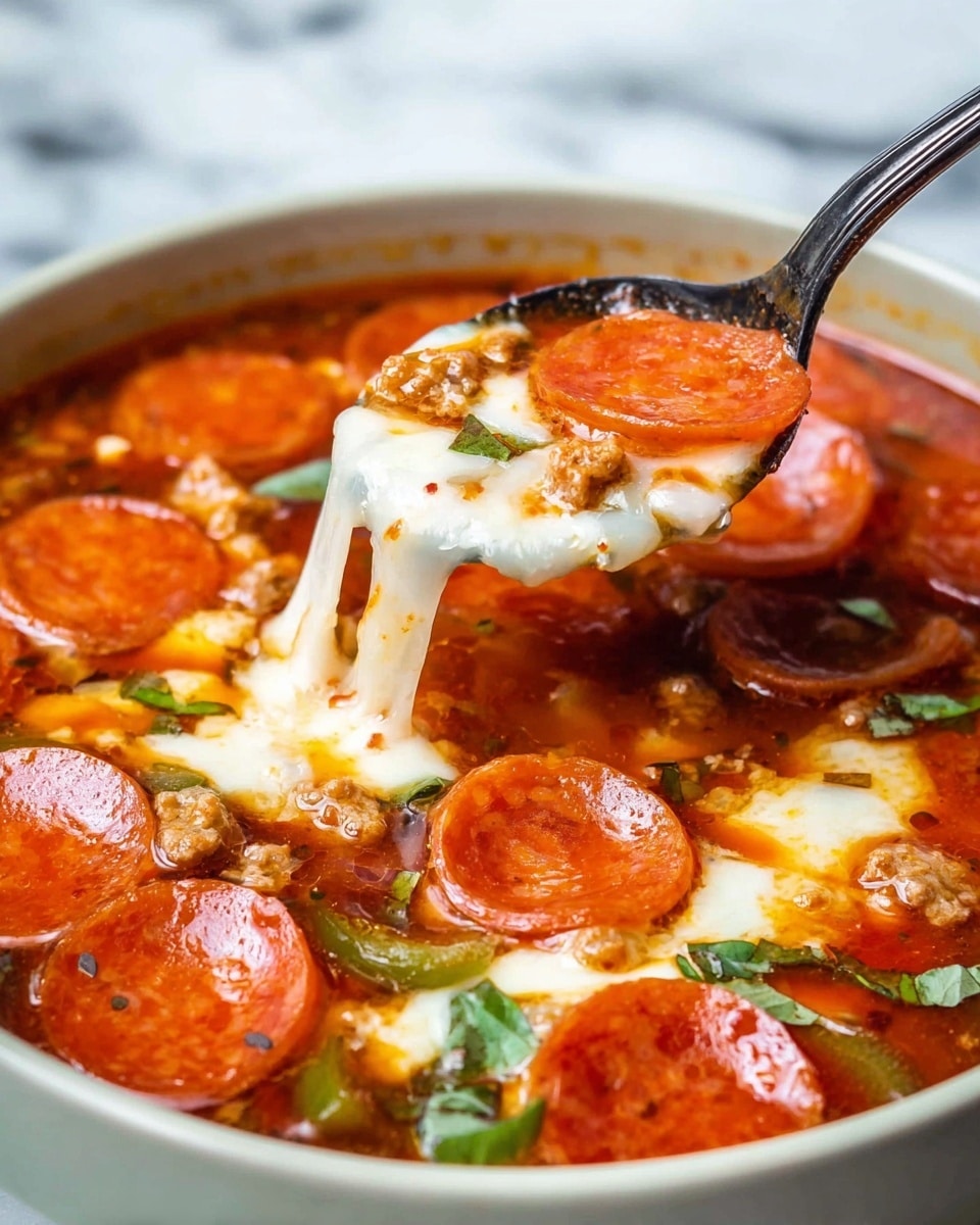A close-up of a bowl filled with a thick soup-like dish, showing multiple layers. The bottom layer is a rich, red tomato broth with visible herbs and small bits of ground sausage scattered throughout. On top of this is a layer of round, orange-red pepperoni slices that float on the broth. There are also some green bell pepper pieces mixed in, adding a touch of green color. Melted white cheese is spread unevenly over the top, some stretching as a spoon lifts a portion of the soup, showing gooey melted cheese and pepperoni. The bowl is white and the background has a white marbled texture. Photo taken with an iphone --ar 4:5 --v 7