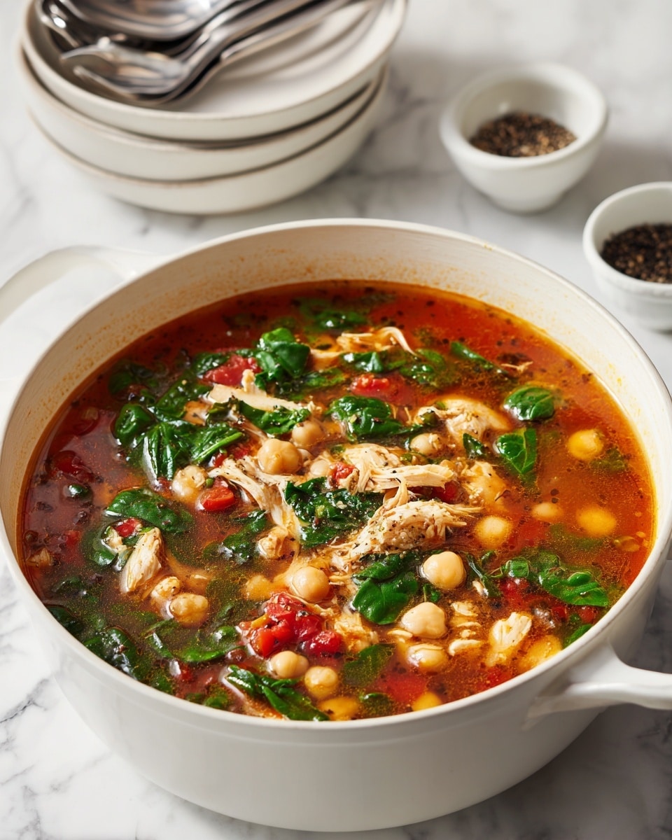 The image shows a white pot filled with a colorful soup that has three main layers visible. The bottom layer is a rich red broth with a slightly oily surface texture. Floating within the soup are soft chickpeas in light beige color, spread evenly as the second layer. The top layer consists of bright green spinach leaves, shredded light brown chicken pieces, and small diced red tomatoes, all mixed throughout the soup. The pot sits on a white marbled surface, with a small white bowl of black pepper beside it and stacked white bowls with metal spoons in the background. The photo taken with an iphone --ar 4:5 --v 7