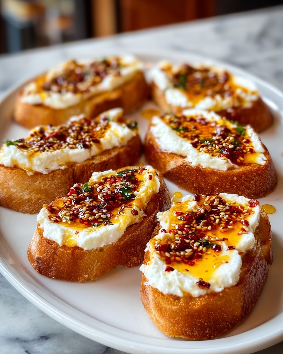 A white plate holds six pieces of toasted bread, each topped with a thick layer of white, creamy cheese. On top of the cheese is a glossy drizzle of amber-colored oil or honey mixed with red chili flakes, sesame seeds, and small green herbs, creating a spicy and textured look. The toast has a golden brown crust with a soft, light brown interior. The whole setting is placed on a white marbled surface. photo taken with an iphone --ar 4:5 --v 7