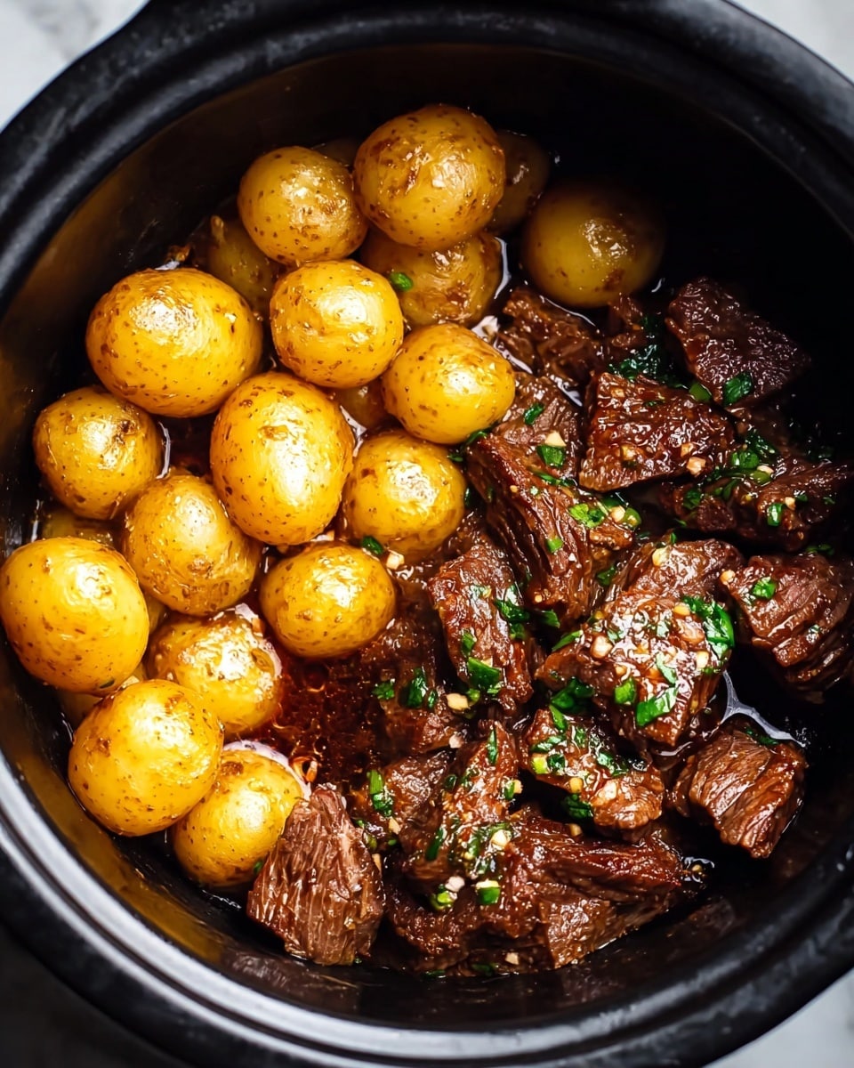 The image shows a close-up of a black pot filled with two main layers: on the left side, there are whole, golden brown baby potatoes with a shiny, slightly oily texture; on the right, chunks of browned beef cooked in a dark, glossy sauce with small bits of herbs and garlic scattered on top, adding a touch of green and white contrast. The beef pieces appear tender with a rich caramelized surface, while the potatoes look smooth and soft. The pot's inside is dark, highlighting the food colors against it, and the photo is shot from above with a white marbled texture background. photo taken with an iphone --ar 4:5 --v 7