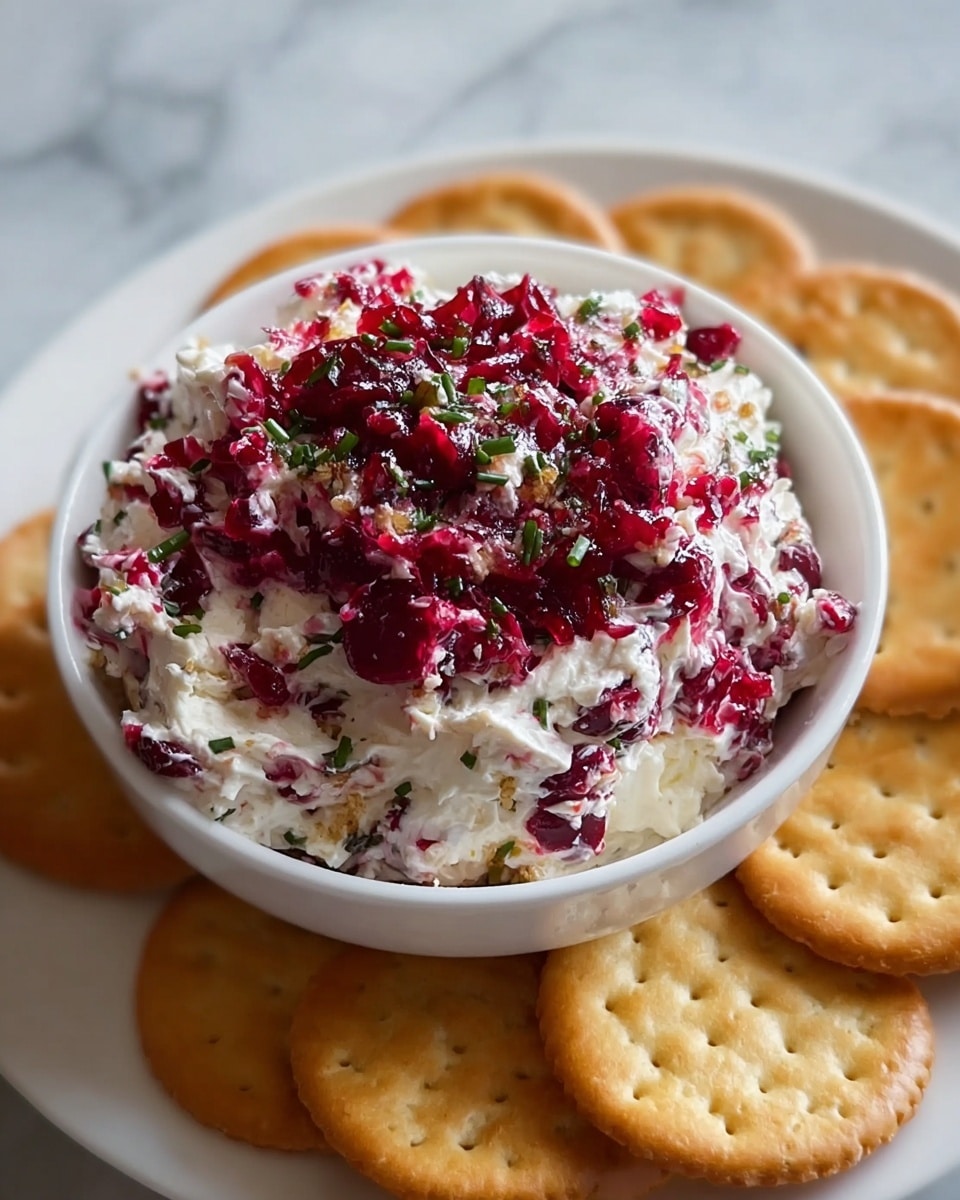 A close-up of a white bowl filled with a creamy white cheese spread mixed with bright red cranberry sauce and small green herb pieces, creating a textured, colorful topping with a slightly chunky look; the bowl sits on a white plate surrounded by circular, golden crackers with a crispy texture, all placed on a white marbled surface. photo taken with an iphone --ar 4:5 --v 7