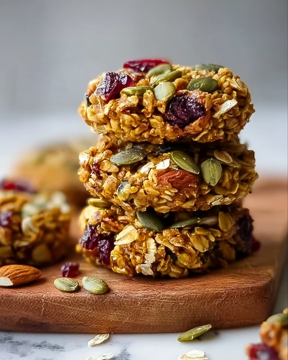 The image shows a stack of four thick, round oatmeal cookies with visible textures of oats, pumpkin seeds, and dried cranberries in warm brown and green colors. Each cookie layer is chunky, rough, and dense, with some seeds and berries sticking out, and more scattered on the wooden board beneath. The background is softly blurred, focusing fully on the close-up stack of cookies, creating a cozy, homemade feel. The photo taken with an iphone --ar 4:5 --v 7