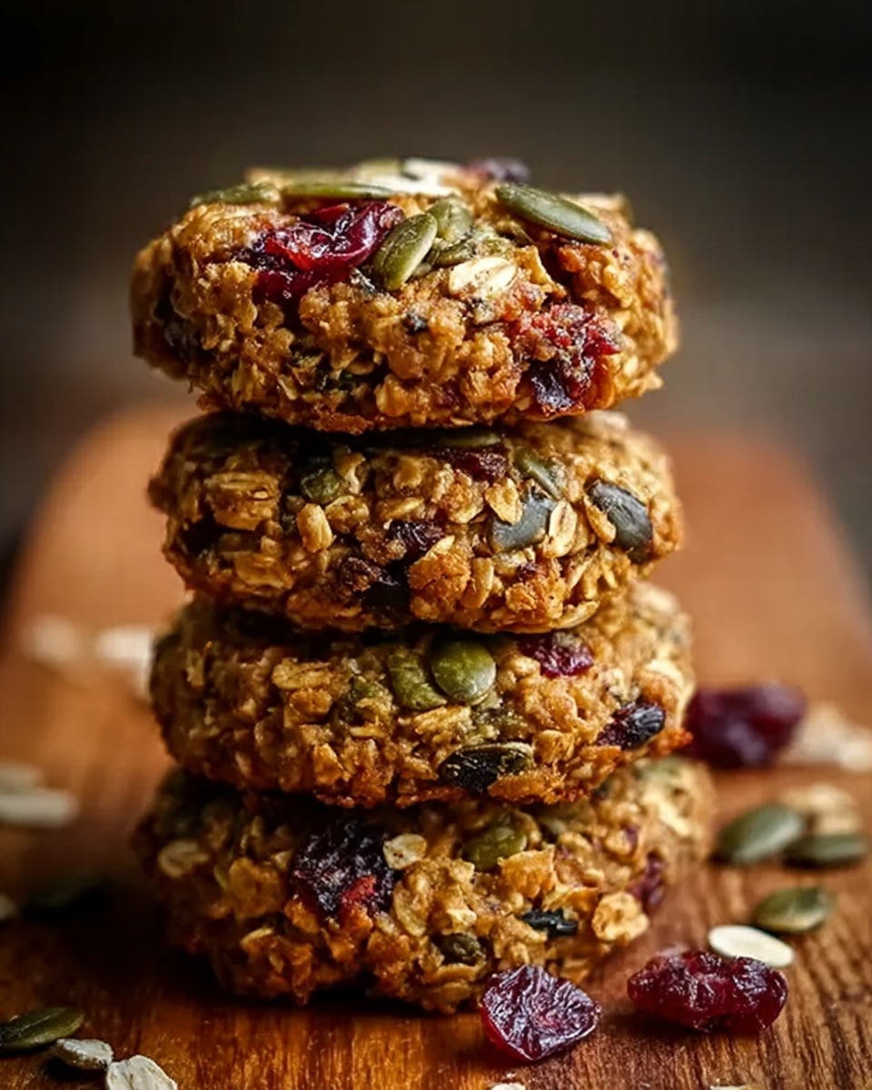 A close-up image shows a stack of three round granola cookies on a wooden board with some loose seeds and nuts scattered nearby. Each cookie has a rough texture made of visible oats, pumpkin seeds, almonds, and dried cranberries in golden brown tones with green and deep red accents. The top cookie is slightly tilted, revealing its thick, chunky layers. The background is softly blurred and the surface beneath the board is a white marbled texture. Photo taken with an iphone --ar 4:5 --v 7