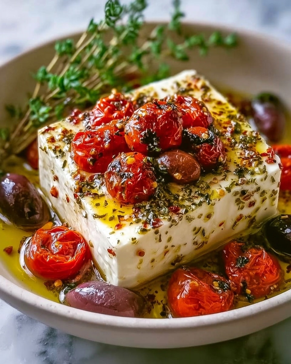 The image shows a white bowl filled with a thick, square block of white cheese placed in the center. The cheese is topped with small, roasted red cherry tomatoes and drizzled with green and yellow olive oil mixed with herbs and spices, creating a textured, slightly oily surface. Around the cheese block, whole roasted cherry tomatoes with slightly wrinkled skins and dark purple olives are arranged. A small bunch of fresh green herbs rests on the side inside the bowl. The background features a soft white marbled texture. Photo taken with an iphone --ar 4:5 --v 7