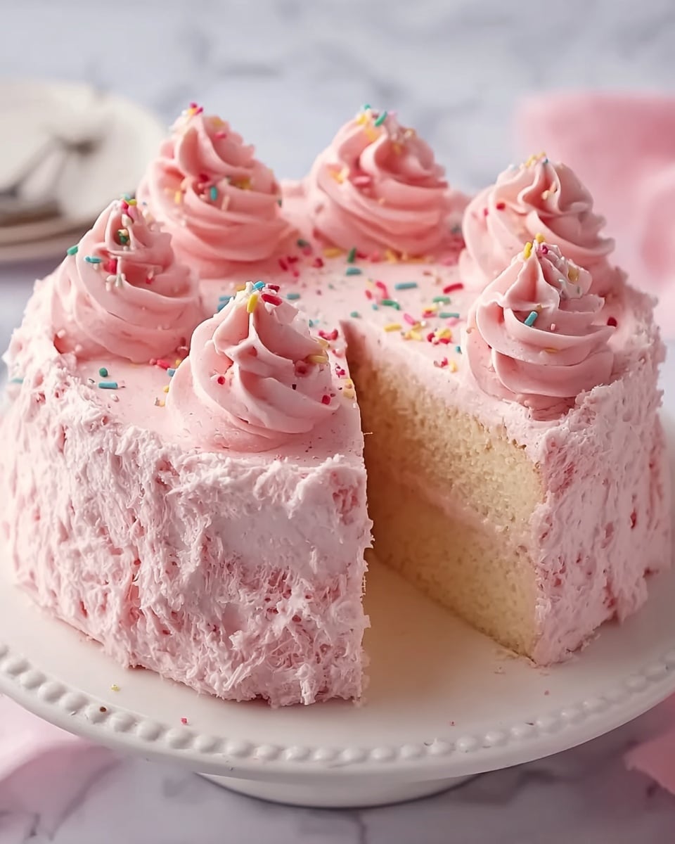 A round cake is shown with a thick layer of light pink frosting covering the outside, the frosting has a rough, fluffy texture. The top of the cake is decorated with six smooth swirls of the same pink frosting, each topped with colorful round sprinkles. One large slice has been removed, revealing a pale yellow inside with a soft crumb texture. The cake sits on a white plate with a raised edge, all placed on a white marbled surface. Photo taken with an iphone --ar 4:5 --v 7