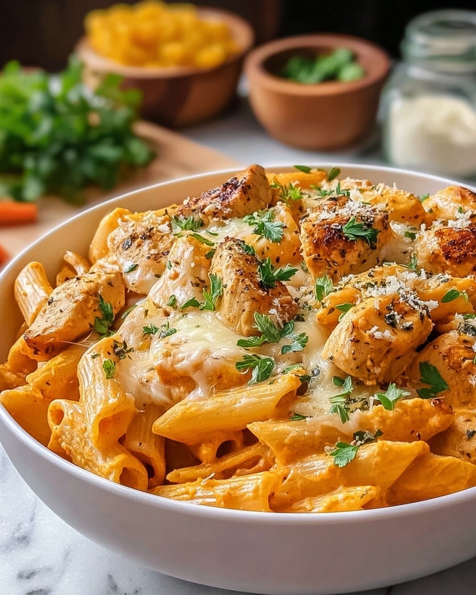 A white bowl is filled with baked pasta, showing two layers: a bottom layer of creamy orange cheese sauce mixed with penne pasta and pieces of grilled chicken, topped with a melted layer of light golden cheese sprinkled with fresh green parsley. The pasta is coated with smooth sauce, and the chicken pieces are browned on top. Some grated cheese and parsley flakes are scattered over the top for added texture and color. The bowl is placed on a white marbled surface with blurred background items, including a bowl of dry pasta and herbs. Photo taken with an iphone --ar 4:5 --v 7