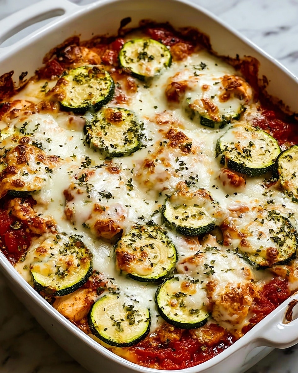 A white rectangular baking dish filled with a layered baked casserole. The bottom layer consists of a bright red chunky tomato sauce mixed with some pieces of cooked chicken. On top of this is a layer of round, thick slices of green zucchini placed evenly across the dish. The topmost layer is a generous covering of melted white cheese with golden brown spots and sprinkled with herbs. The edges of the casserole show some crispy browned bits of cheese and sauce. The background surface is a white marbled texture. photo taken with an iphone --ar 4:5 --v 7