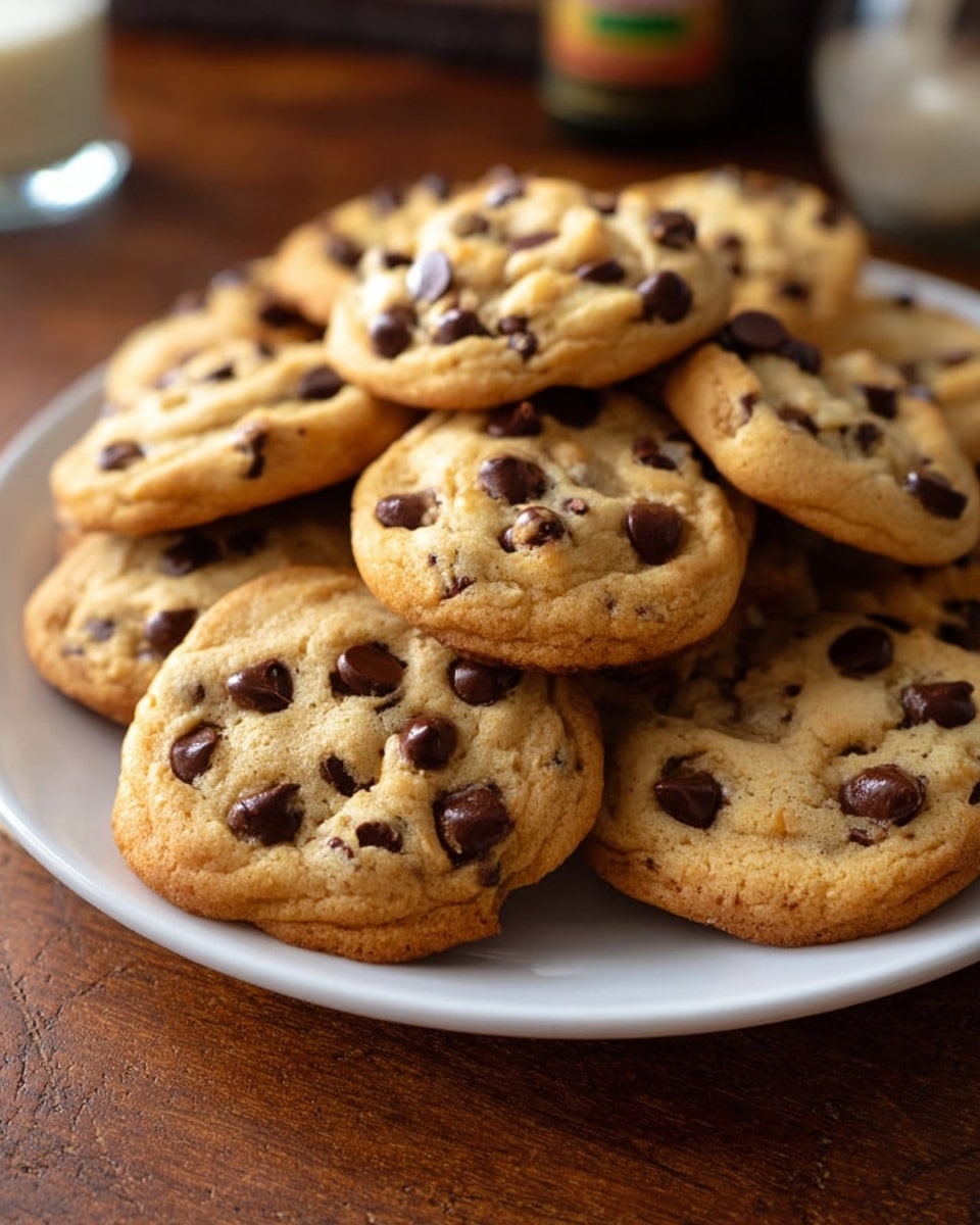 A white plate piled high with soft, golden brown chocolate chip cookies, each cookie dotted generously with shiny, dark brown chocolate chips that create a textured look on the surface; the cookies have a slightly cracked, chewy texture, and some are stacked while others lean casually on the wooden table underneath. Photo taken with an iphone --ar 4:5 --v 7
