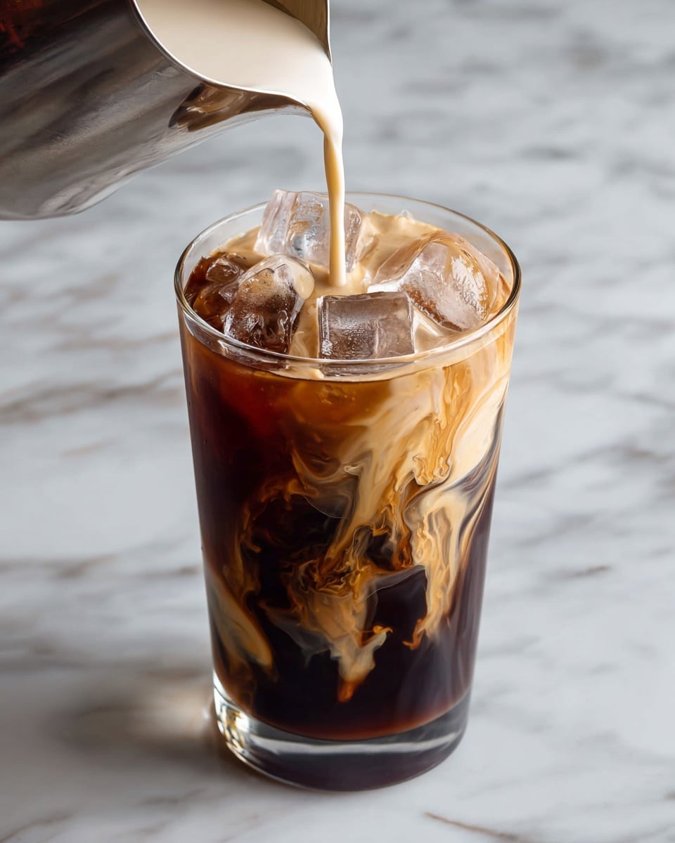 A clear glass filled with dark iced coffee and several ice cubes is placed on a white marbled surface, with creamy light brown milk being poured from a small stainless steel pitcher into the top layer of the drink. The milk swirls gently on the coffee’s dark base, creating a marbled mix of rich brown and creamy beige colors. The ice cubes sit near the top, catching light and adding texture to the drink. The image captures the moment the milk touches the coffee with smooth blending and liquid motion. Photo taken with an iphone --ar 4:5 --v 7