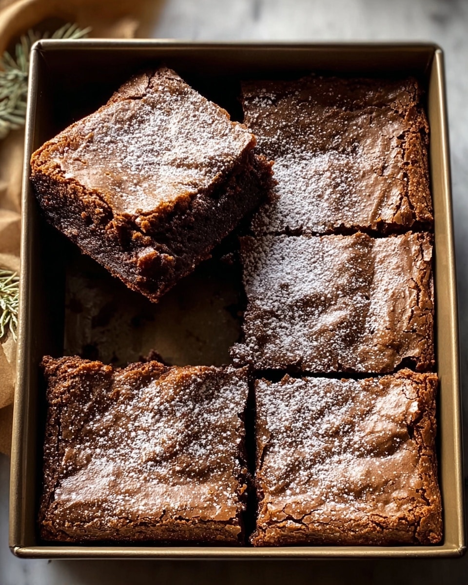 A square baking pan holds four large, thick, chocolate brownies with a cracked, shiny top dusted lightly with powdered sugar. One brownie piece is lifted, revealing a dense, moist texture inside with slightly crumbly edges. The brownies are dark brown with a matte, slightly uneven surface. The pan is on a white marbled surface, with a hint of natural light reflecting softly on the powdered sugar, showing a warm and inviting homemade feel. Photo taken with an iphone --ar 4:5 --v 7