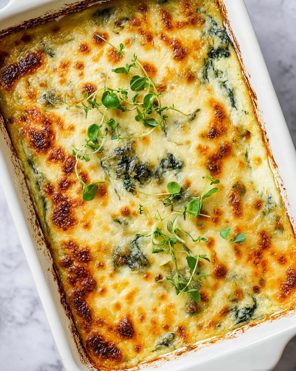 The dish is a baked casserole served in a white rectangular baking dish with slightly browned edges. It has a thick, creamy top layer of melted cheese that is golden yellow to deep brown in spots, textured with small melted cheese bubbles and patches of green spinach peeking through underneath. The casserole is garnished with fresh green sprigs of herbs scattered on top, adding a fresh contrast to the rich, cheesy surface. The dish sits on a white marbled textured surface. photo taken with an iphone --ar 4:5 --v 7