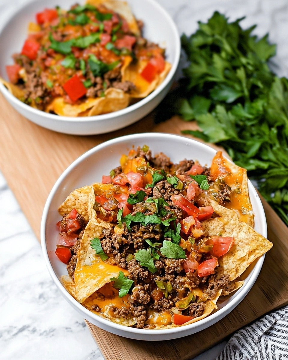 Two white bowls filled with a layered dish, each containing crispy golden tortilla chips at the bottom, topped with a mix of seasoned ground beef, diced red and green bell peppers, tomato chunks, and melted light orange cheese scattered throughout. Fresh green cilantro leaves are sprinkled on top for a touch of color. The bowls sit on a light wooden board with a bunch of fresh green parsley placed nearby. The background shows a white marbled texture. photo taken with an iphone --ar 4:5 --v 7