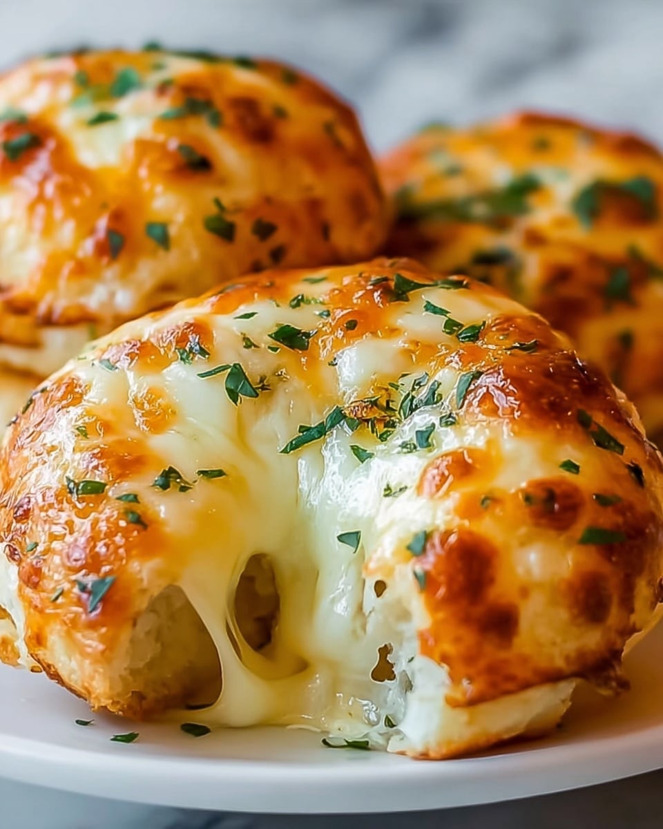 The image shows a close-up of round bread rolls that are topped with a thick, melted layer of golden-brown cheese, creating a bubbly and slightly crispy texture on top. The cheese covers the entire surface and drips down the sides of the rolls. Small pieces of chopped green herbs are sprinkled across the cheese, adding a fresh contrast in color. One roll in the front has a visible pull of gooey, stretchy cheese, showing the soft texture underneath. The rolls are placed on a white plate, set on a surface with a white marbled texture. photo taken with an iphone --ar 4:5 --v 7