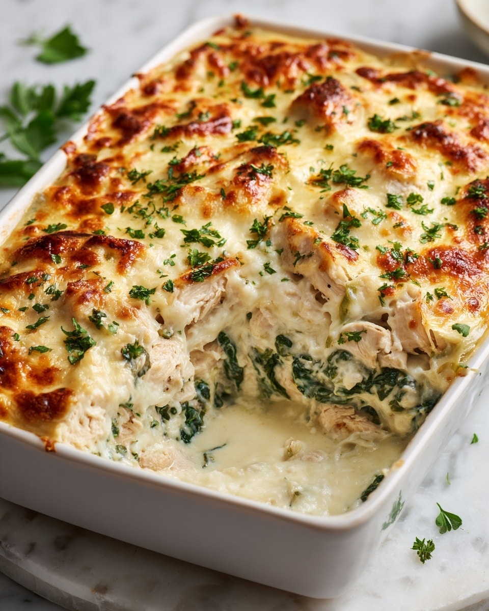 The image shows a white rectangular baking dish filled with a creamy baked casserole. The top layer is golden brown melted cheese with some slightly crispy edges, sprinkled with fresh chopped green herbs. Below the cheese layer, there are visible white chunks of cooked chicken and vibrant green spinach leaves mixed in a rich creamy sauce. The dish is placed on a white marbled surface with some green herbs slightly blurred in the background. There is a small portion scooped out from one corner, revealing the soft layers inside. Photo taken with an iphone --ar 4:5 --v 7